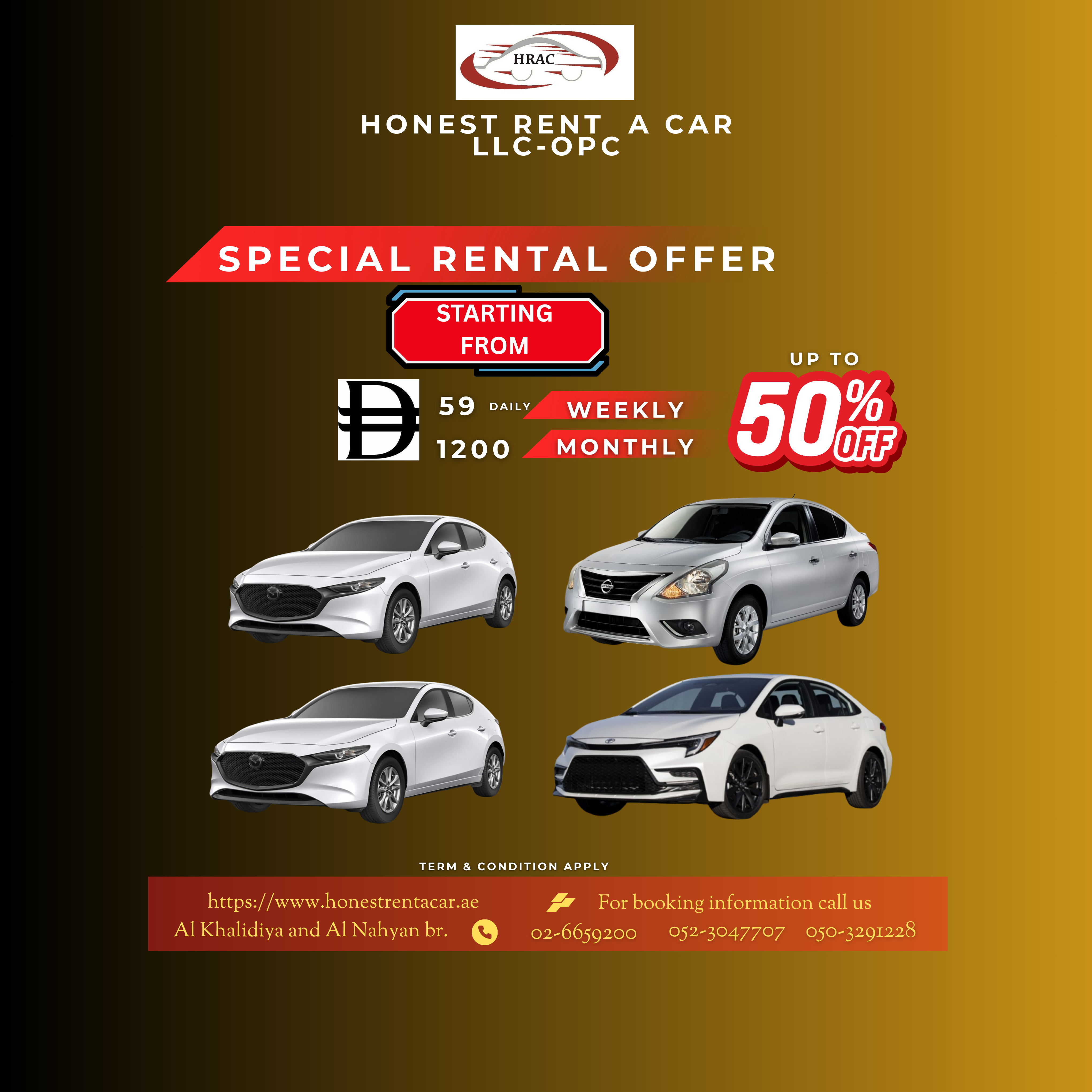 Up to 50 % discount on daily, weekly and monthly rate.